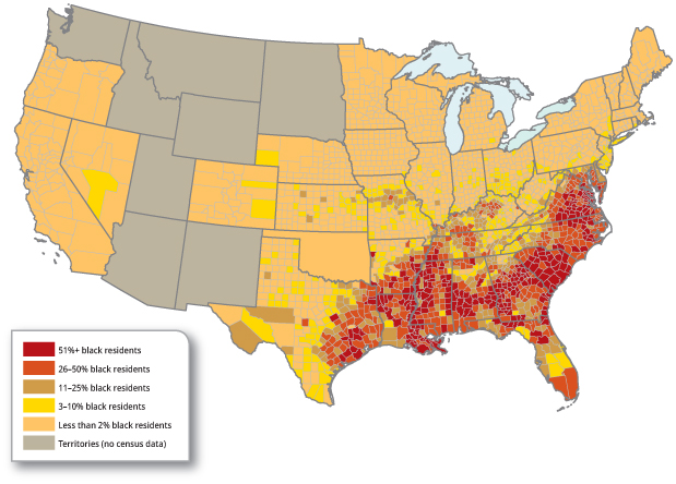 A map traces the spread of the Black population in the United States by the year 1880. The data from the map are as follows. 51 percent plus black residents, concentrated along the southeast. 26 to 50 percent black residents, concentrated along the southeast, especially Southern Florida. 11 to 25 percent of black residents concentrated in west Texas. 3 to 10 percent black residents, in Texas, Nevada, Nebraska, and Colorado. Less than 2 percent black residents, spread widely across the western, central, and northeastern states. Territories with no census data, mostly the states in the north and southwest.